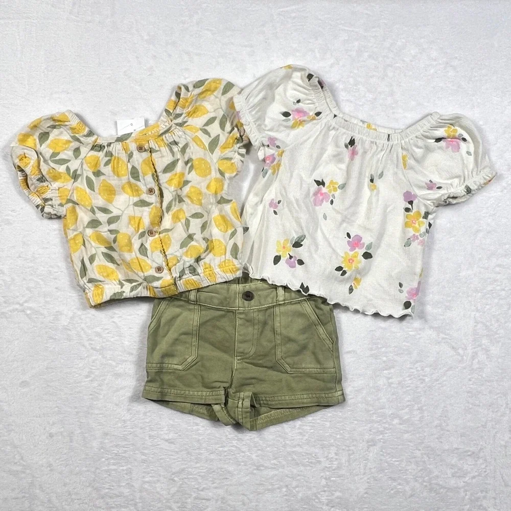 Cat & Jack Girls 3pc Summer Set 18M Lemon Floral Tops Olive Green Shorts
